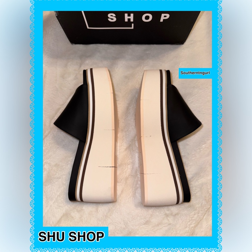 NWT SHUSHOP ”Jade” Faux leather Black/Ivory Color Block Platforms Sandals - Picture 5 of 15